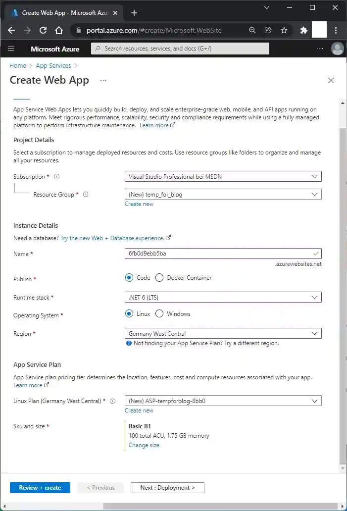 Create a Azure App Service